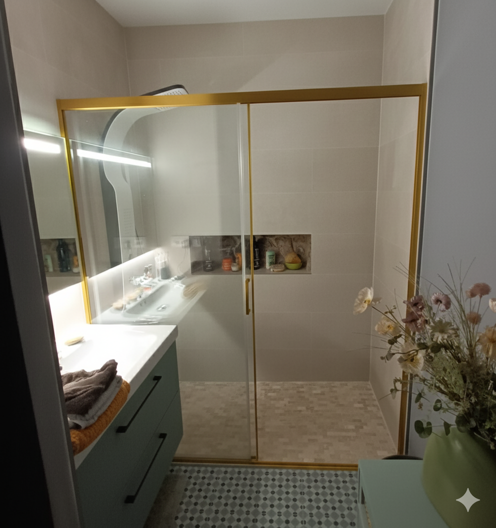 Mampara de ducha CLOE frontal 1 fijo + 1 puerta corredera vidrio 6 mm. ACERO INOXIDABLE