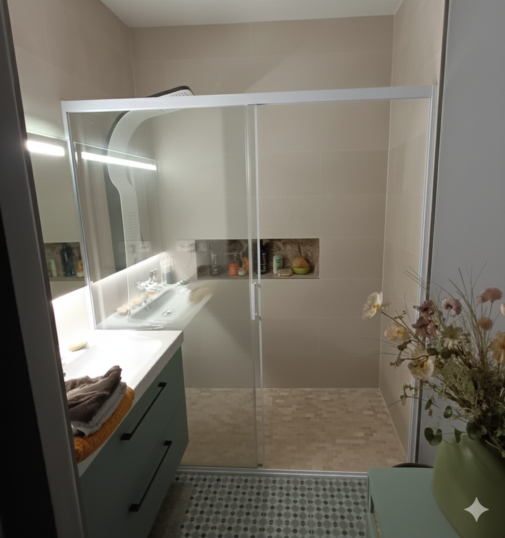 Mampara de ducha CLOE frontal 1 fijo + 1 puerta corredera vidrio 6 mm. ACERO INOXIDABLE