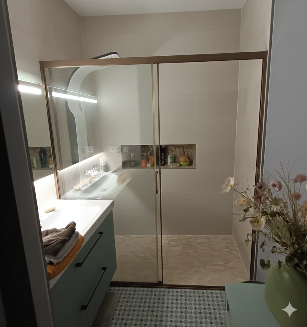 Mampara de ducha CLOE frontal 1 fijo + 1 puerta corredera vidrio 6 mm. ACERO INOXIDABLE